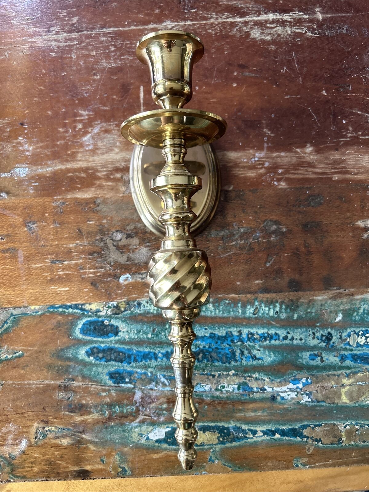 Vintage Solid Brass Wall Sconce Candle Holder, Twist Design, Drip Tray