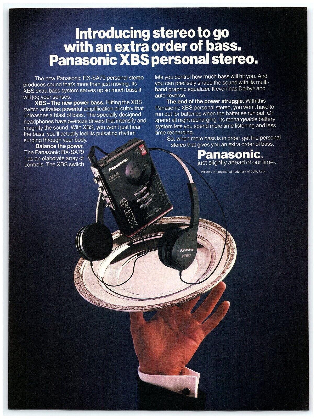 1987 Panasonic RX-SA79 Personal Stereo Print Ad, XBS Extra Power Bass Headphones