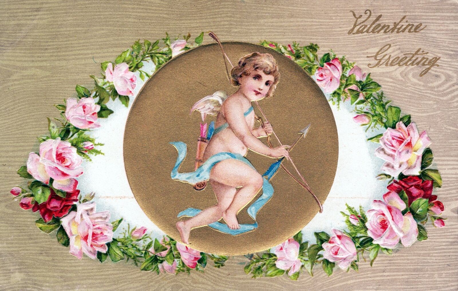 VALENTINE\'S DAY - Cupid And Flowers Valentine Greeting Postcard
