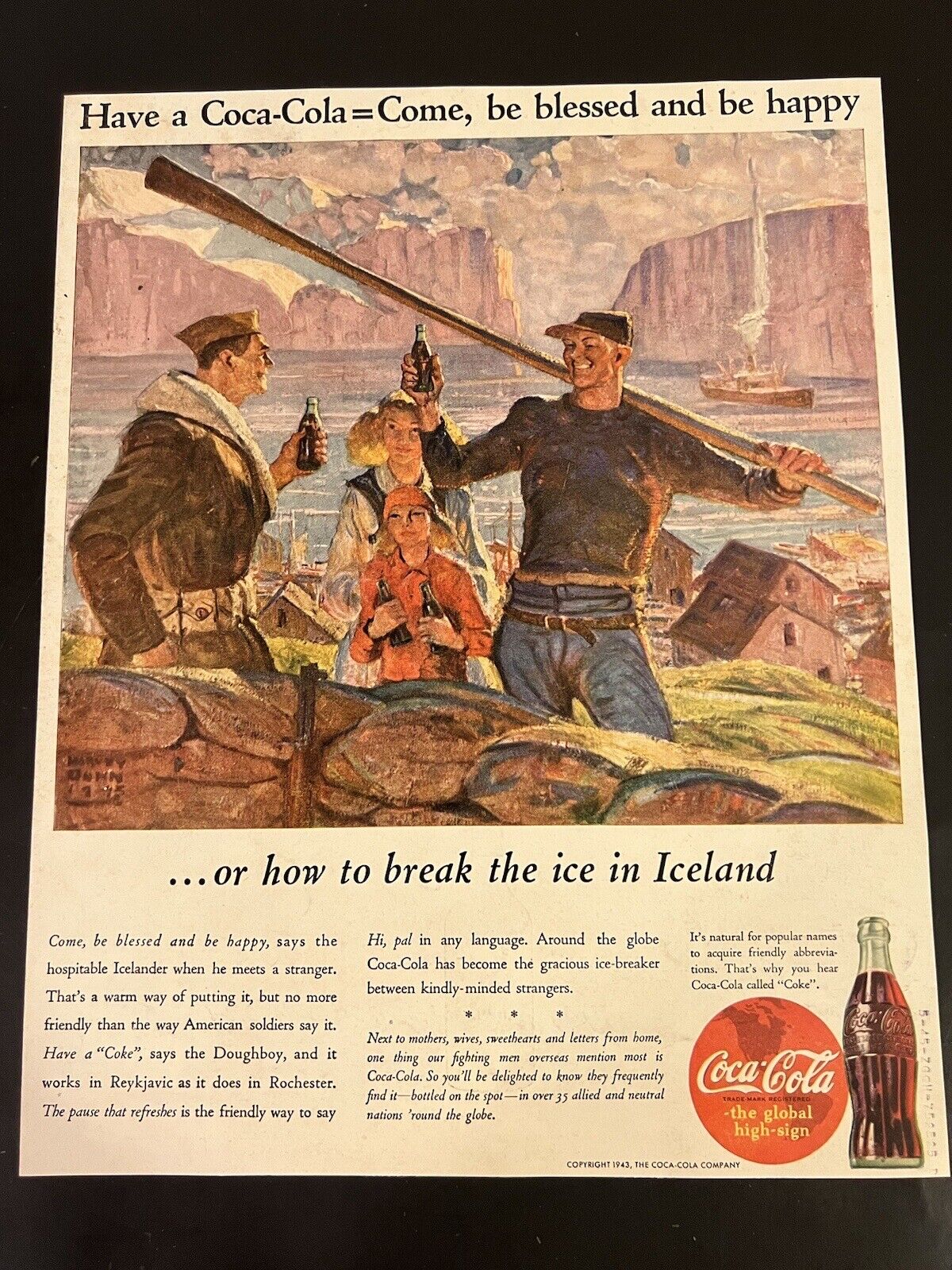 Coca-Cola 1943 WWII Era “Iceland” Magazine Print Add 10x12.5 Patriotic Military