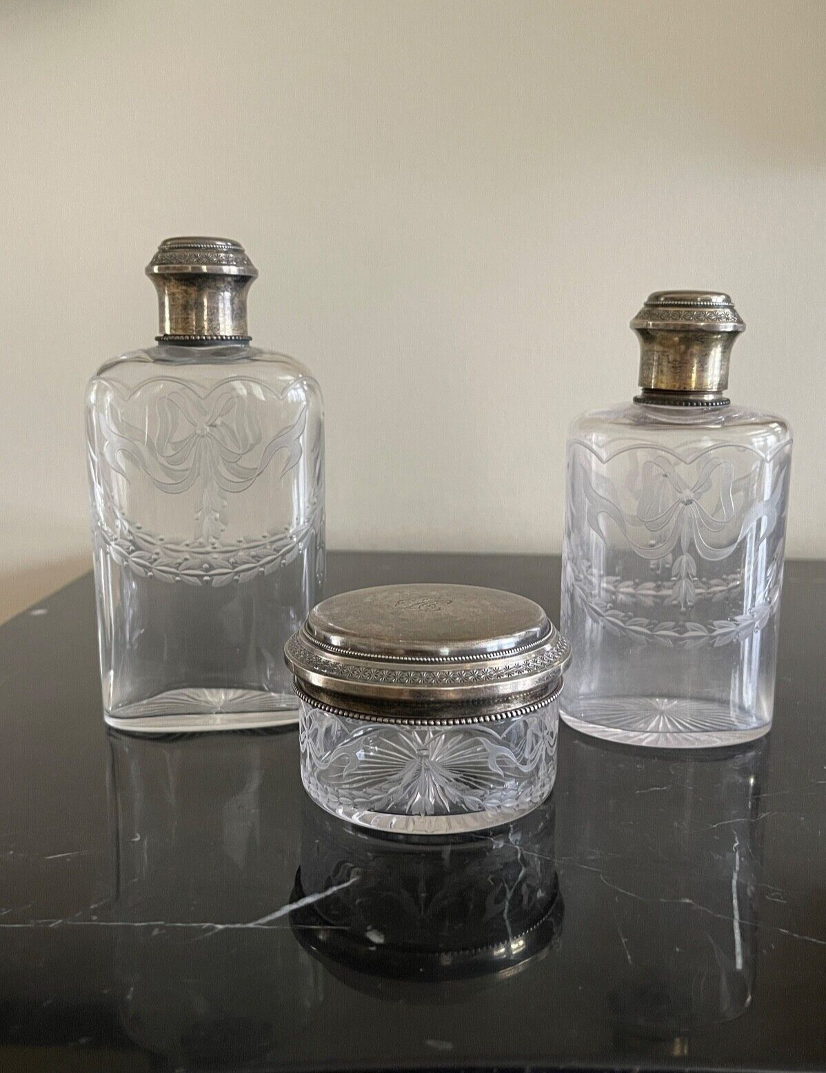 Antique Gustave Keller France Glass and Silver Mounted Vanity Bottles and Box