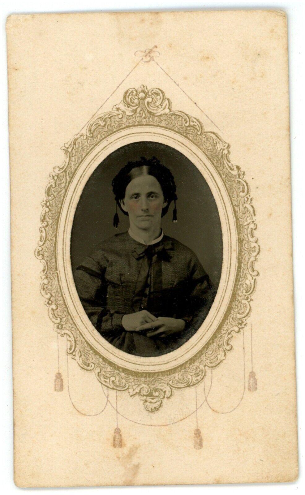 CIRCA 1860\'S Hand Tinted Cartouche TINTYPE Lovely Woman Stunning Hairdo & Dress