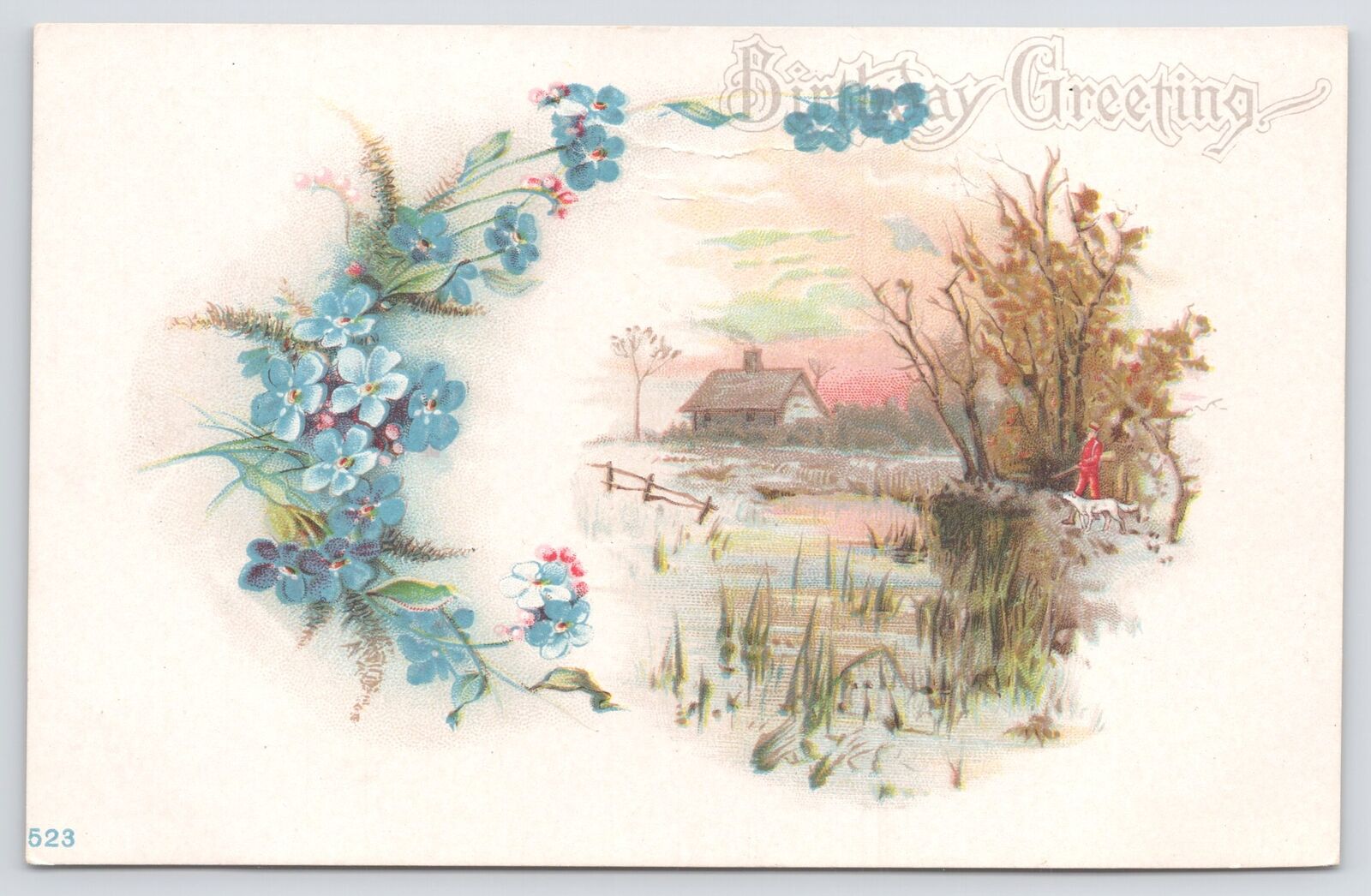 Greetings~Forget Me Nots & Home By River Birthday Greeting~Vintage Postcard