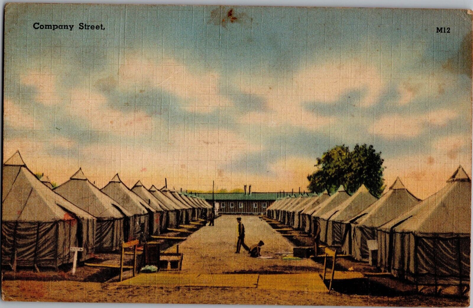 1940s US Army WWII Camp Company Street Vintage Linen Postcard Unposted