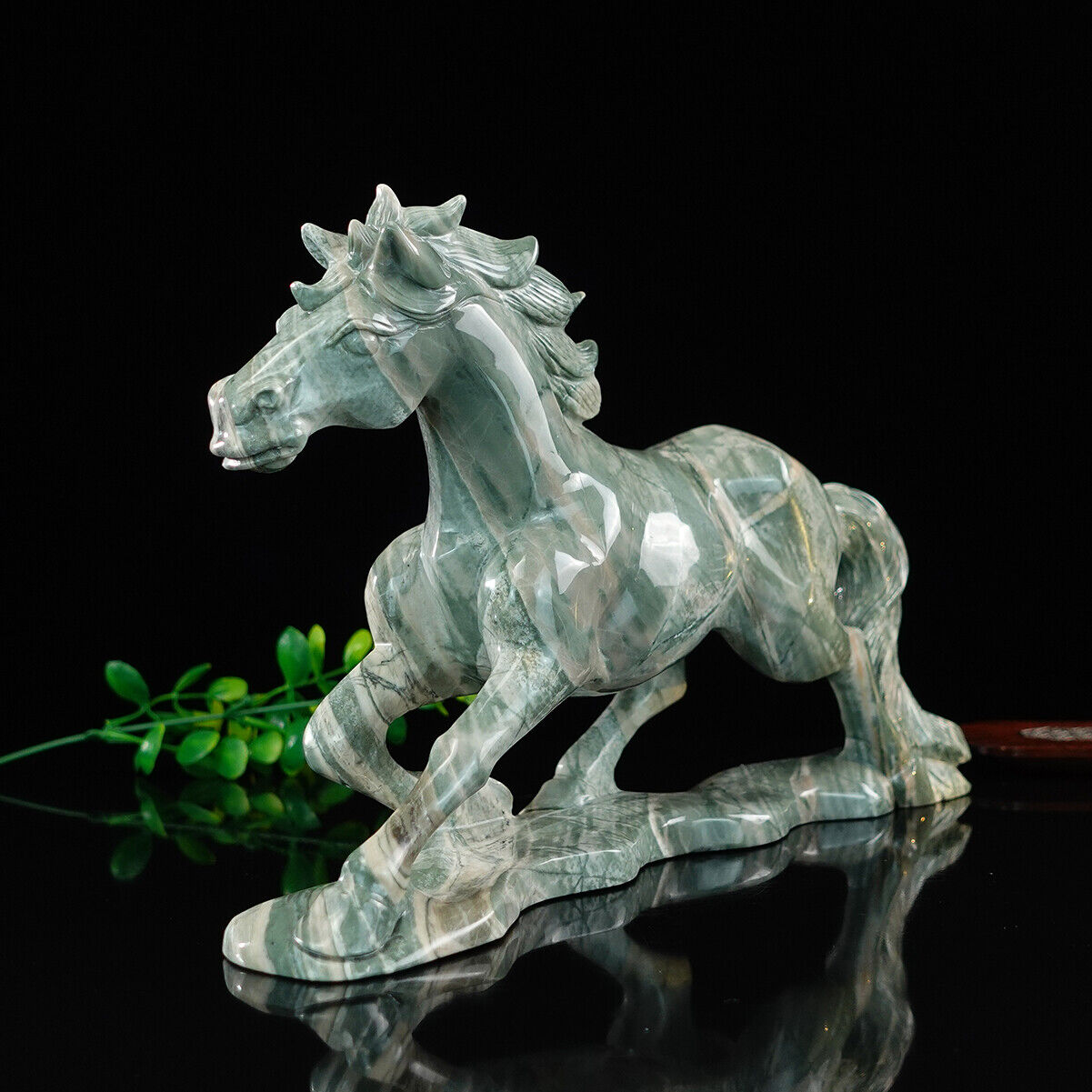 12'' Large Realistic Nine Dragon Jade Horse Carved Crystal Reiki Healing Statue