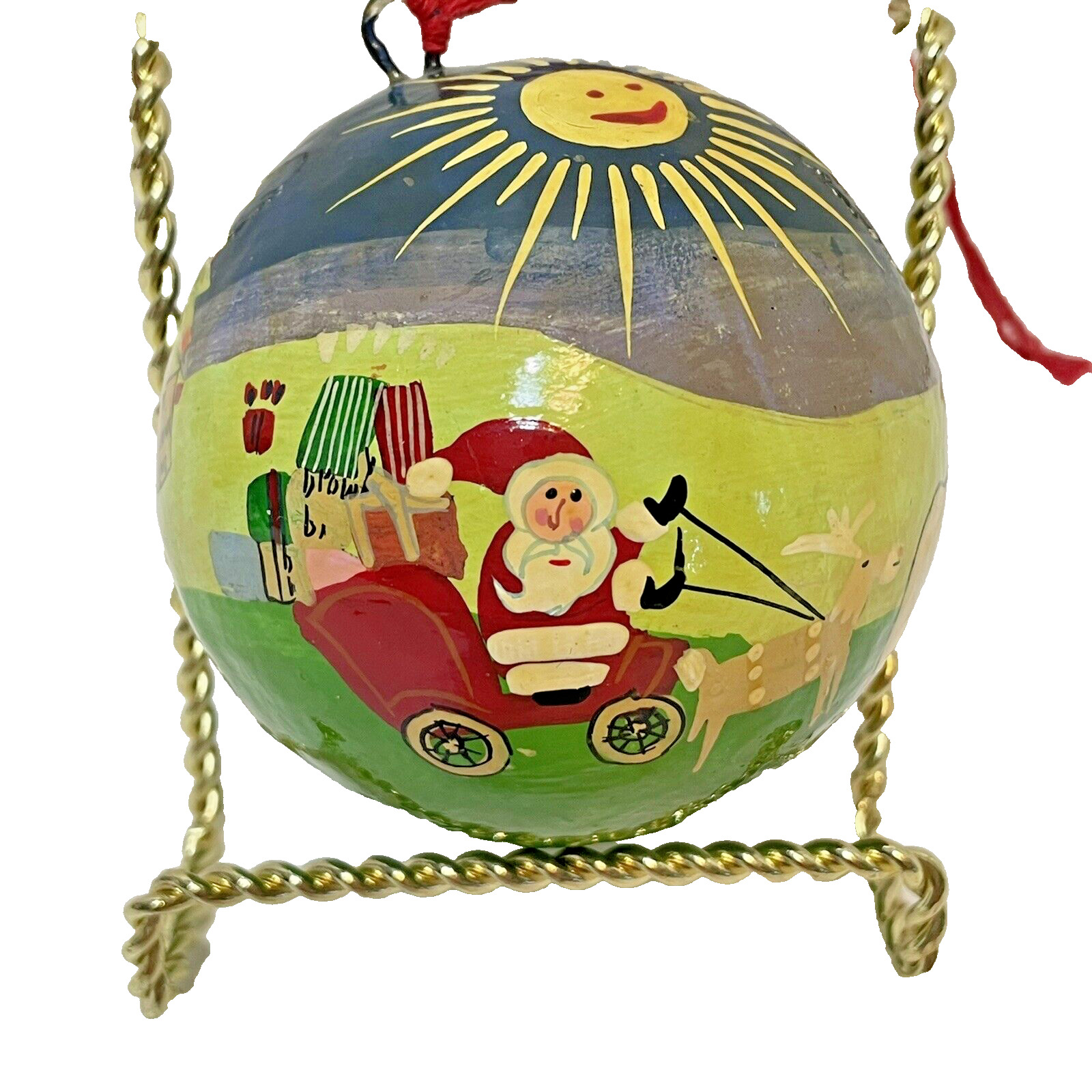 Vintage Handmade Hand Painted Christmas Ball Ornament Santa Deer Tree 2.5 inches