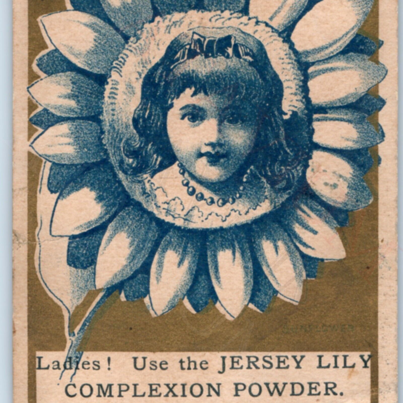 c1880s Anthropomorphic Sunflower Jersey Lily Complexion Powder Trade Card C45