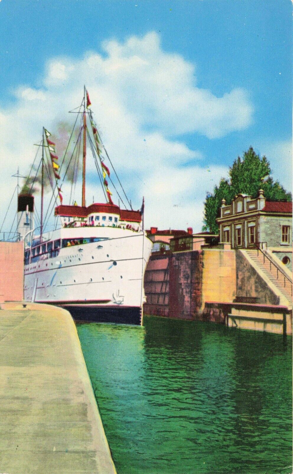 Postcard Great Lakes Cruise Steamer Leaving The Canadian Locks Sault Ste. Marie