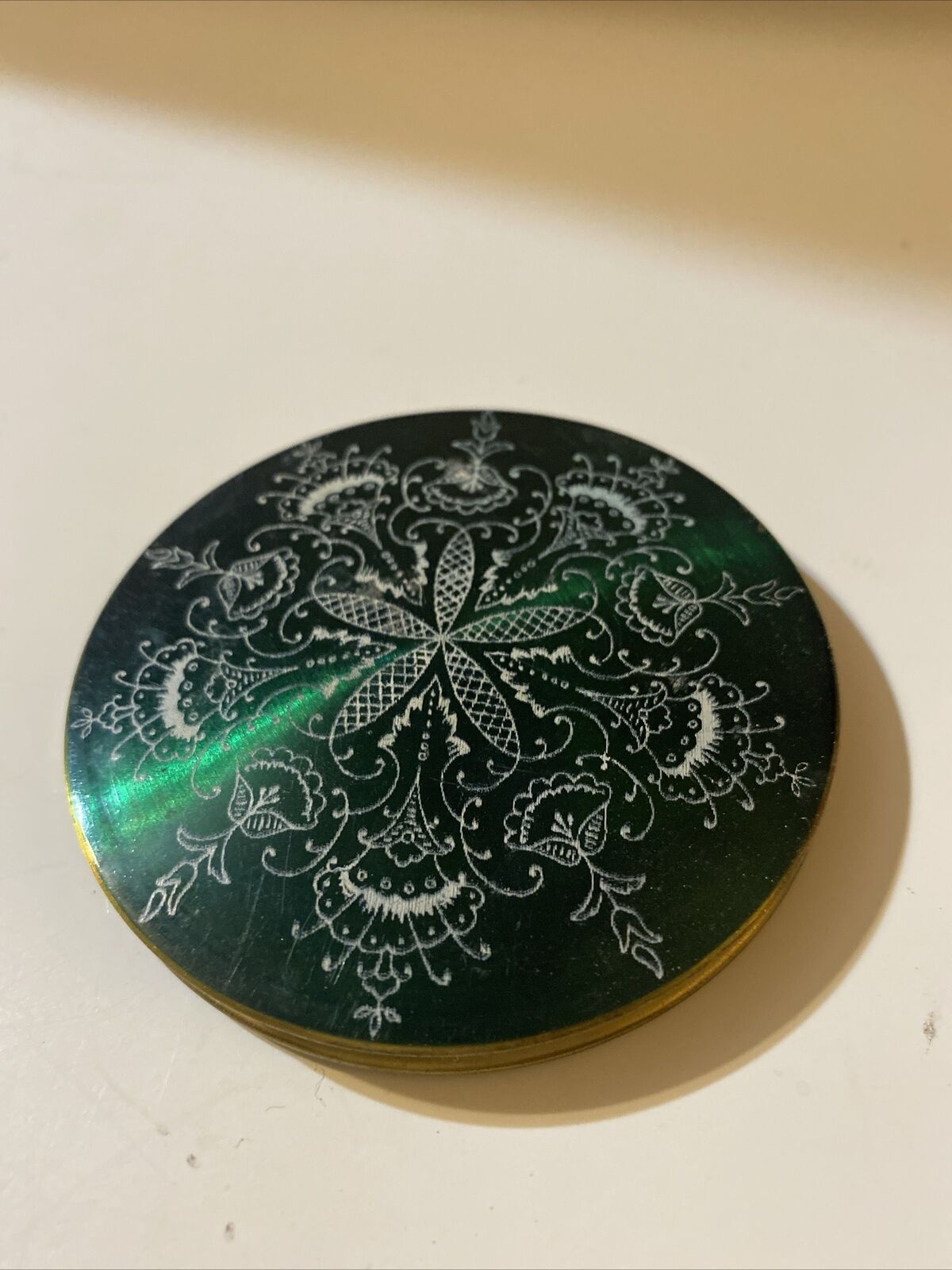 Vintage Powder Compact Emerald Green With Flower Design