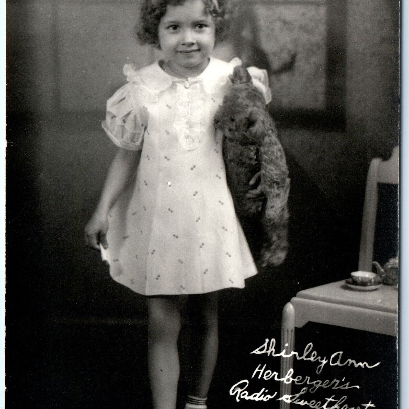 c1930s Shirley Ann RPPC Teddy Bear Child Radio Actress Herbergers Real Photo A97