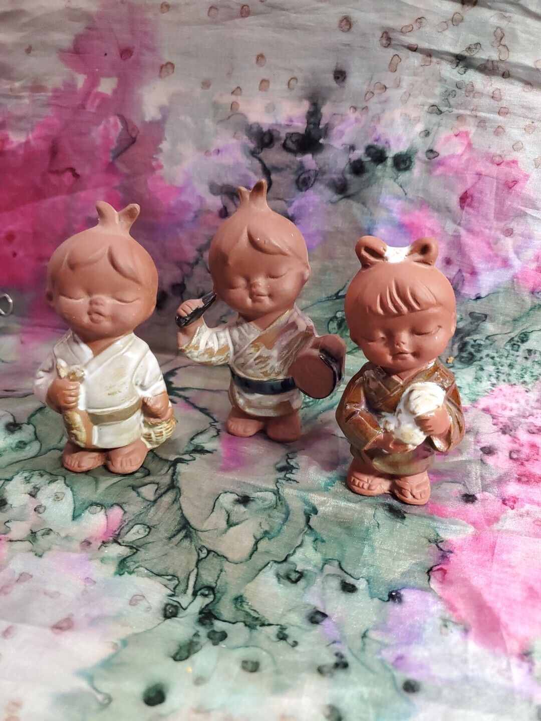 Vintage Group of 3 Seto Craft Japan Clay Bisque Folk Art Child Figurines.