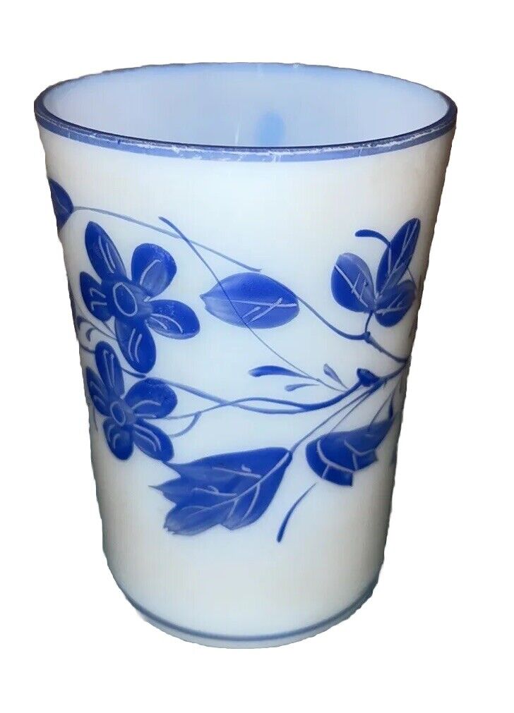 Antique White Glass Drinking Glass Blue And White