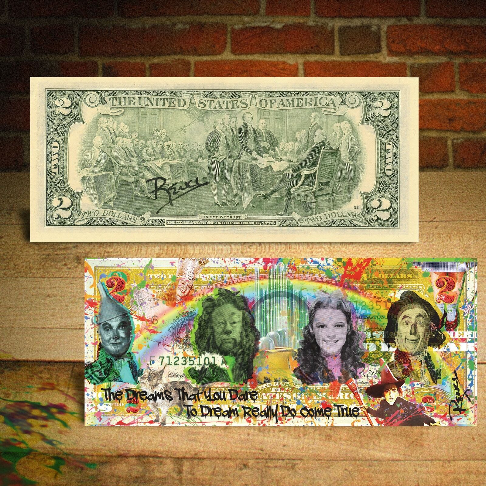 WIZARD OF OZ Dreams Pop Art Two-Dollar Bill HAND-SIGNED by Rency with Holder