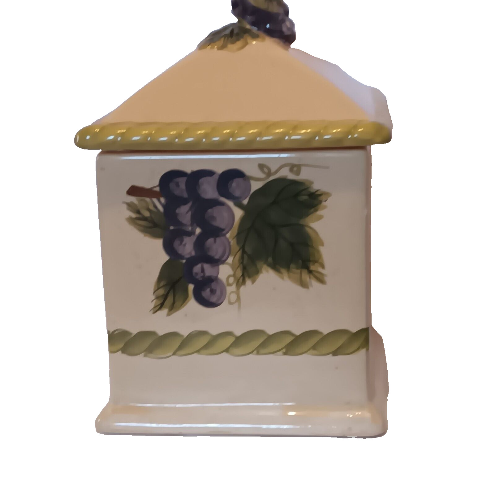 Granny Delight a Square Ceramic Cookie Jar From WCL With Rope And Grape Pattern