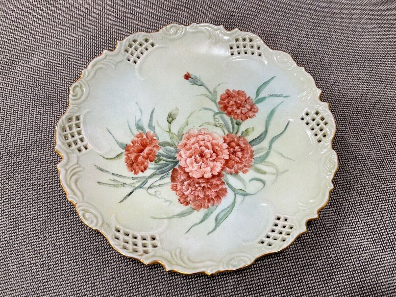 Antique Pierced Porcelain Cabinet Plate w/ Red Flowers Signed K. Connor