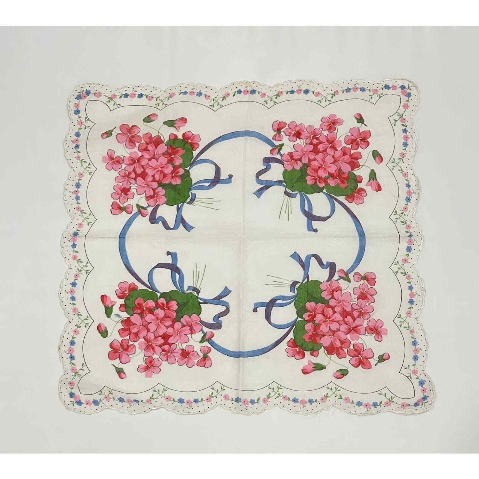 Vintage Linen Floral Hankie Handkerchief Bandanna 13” Hanky