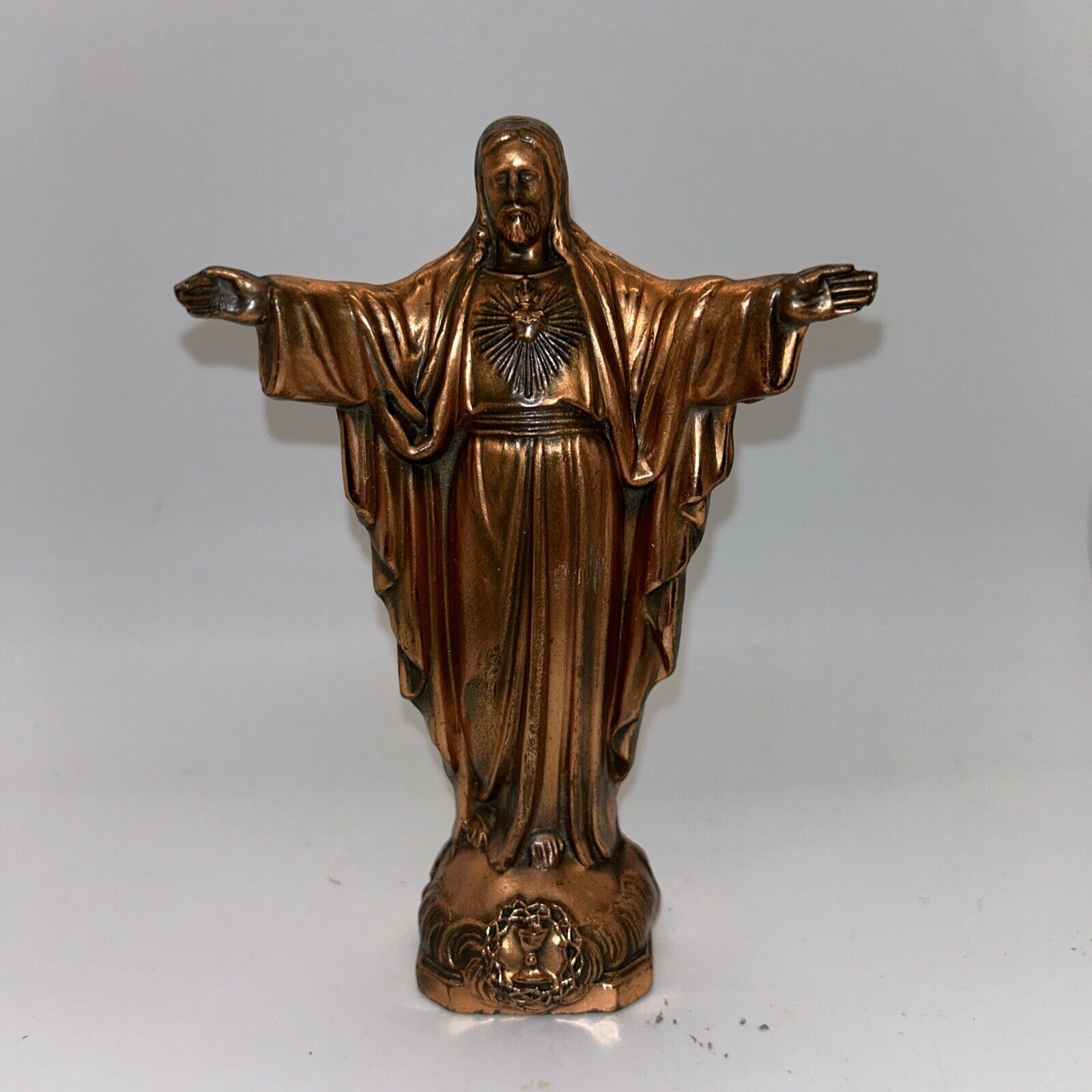 Jesus Sculpture Sacred Heart Figure Christ Antique Bronze Statue 6” Catholic