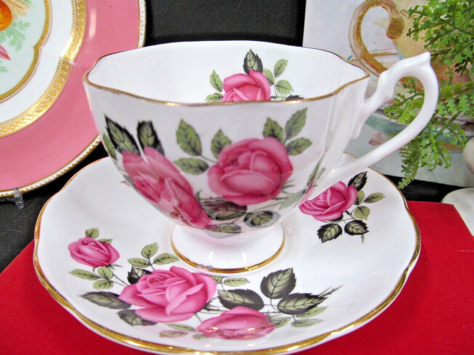 Queen Anne tea cup & saucer pink cabbage rose pattern teacup England 1930s 