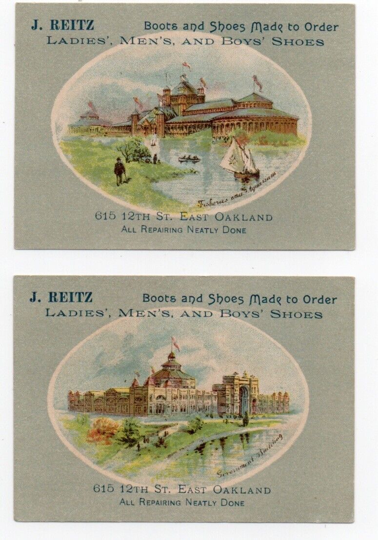 Two 1893 Columbian Exposition Trade Cards w/ Advertising from East Oakland CA