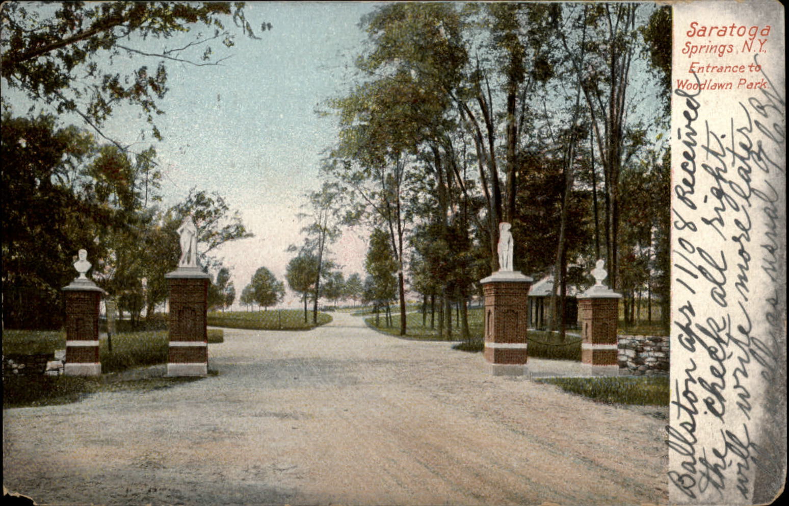 New York Saratoga Springs Woodlawn Park entrance ~ 1908 UDB postcard