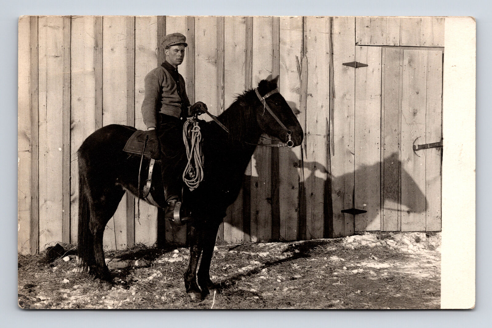 RPPC Young Man on Horse by Farm Door Winter? Real Photo Postcard