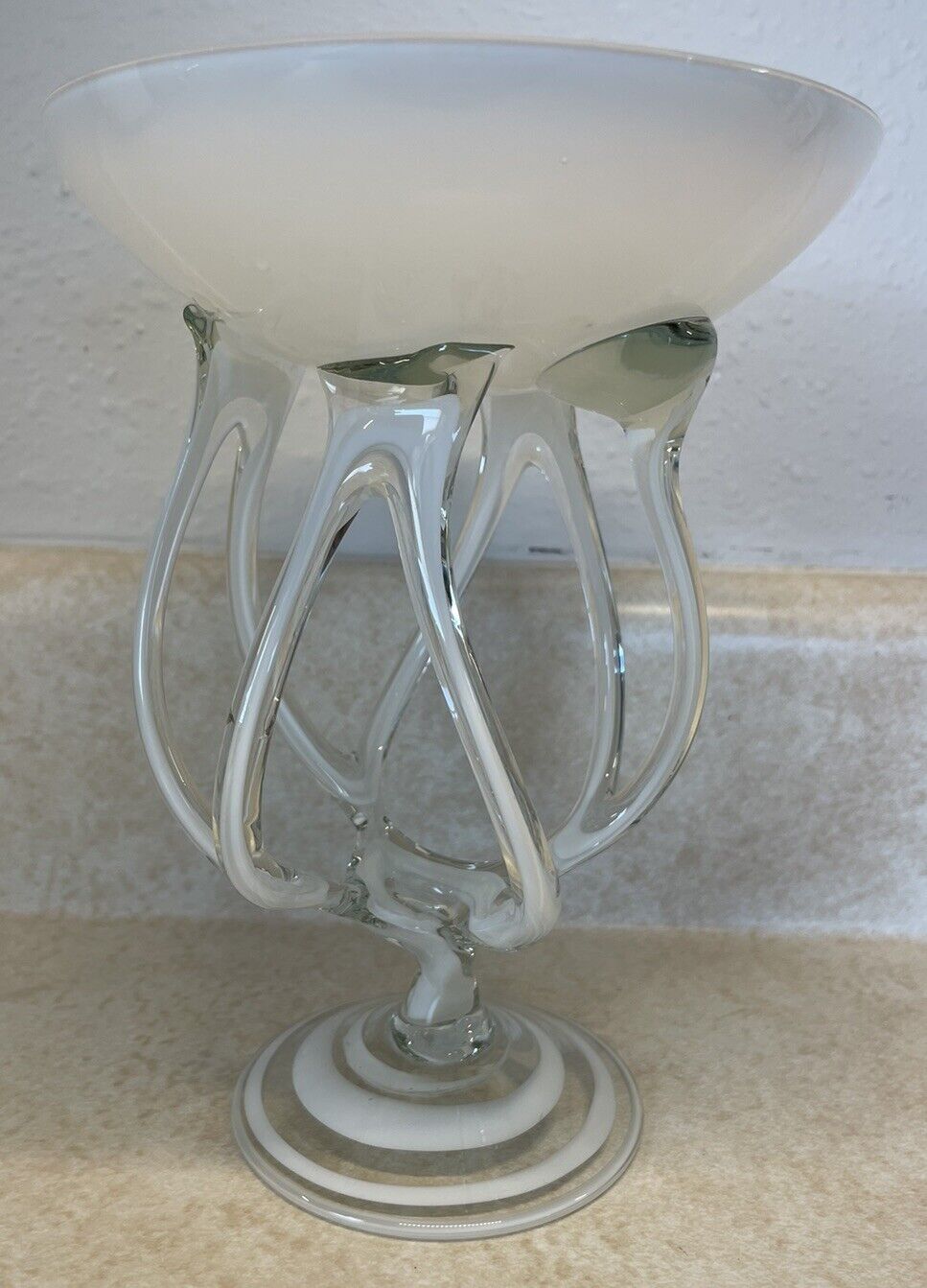 Josefina Art Glass Krosno Poland White Jellyfish Hand Blown Swirl Bowl