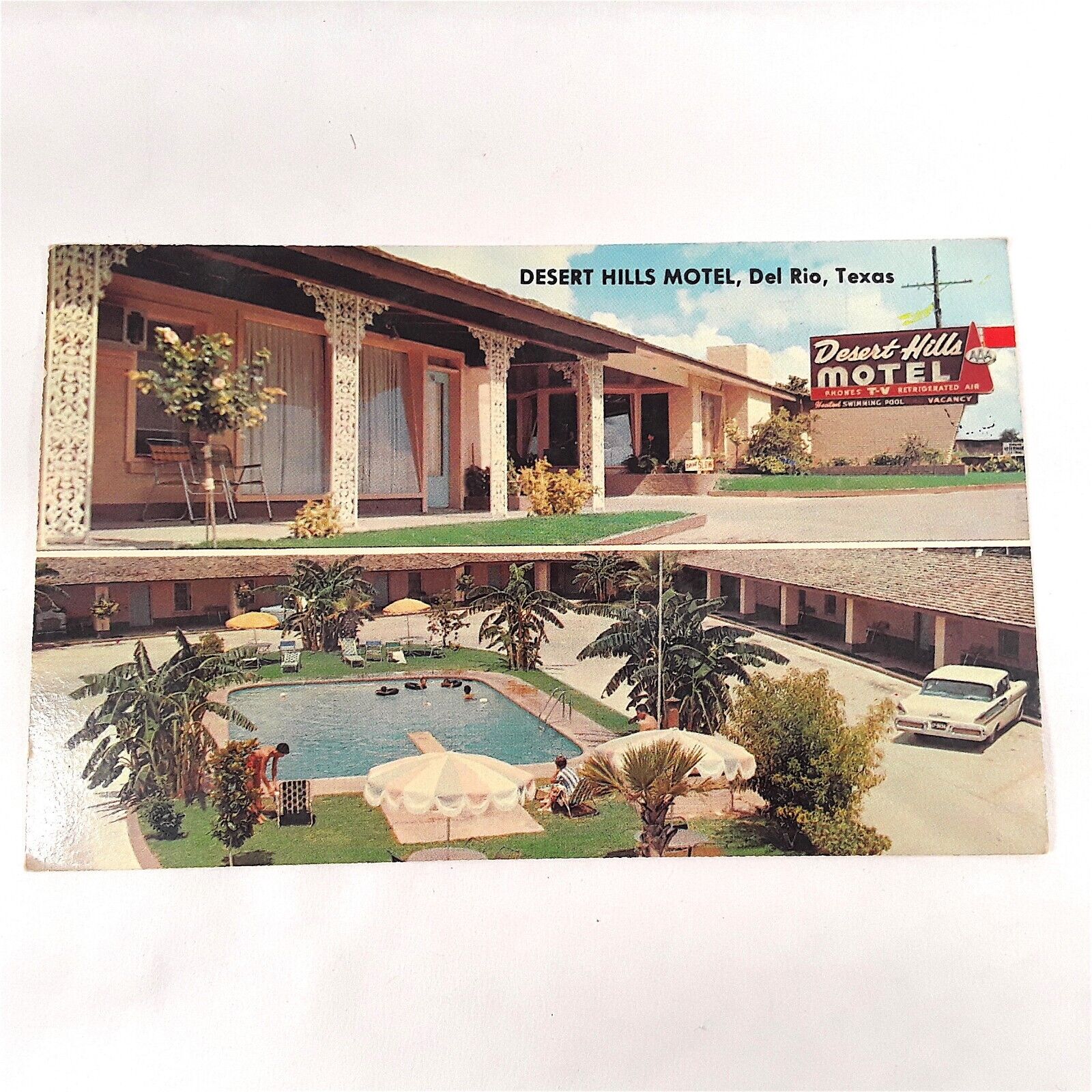 Del Rio Texas -Desert Hills Motel- Courtyard Pool Office 2 Views Postcard c1958