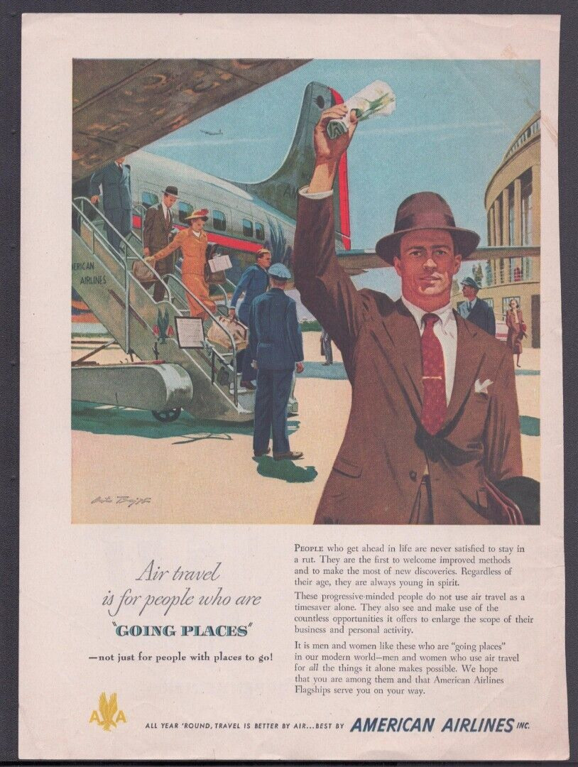 1949 Print Ad American Airlines Going Places Brown Suit  Austin Briggs Illust