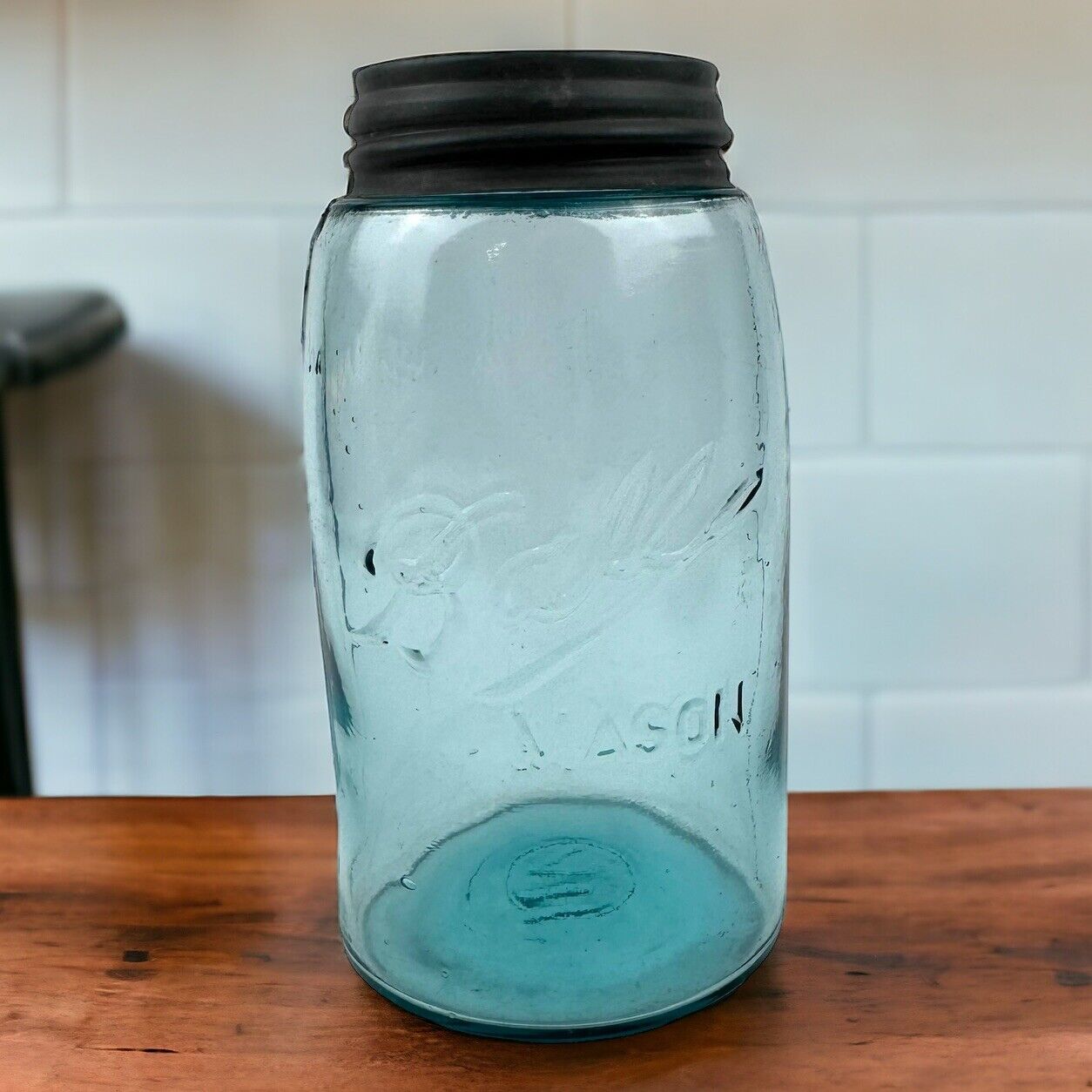 Ball Mason 32oz Quart Jar Aqua Blue Glass Zinc Lid 1910-23 Stamped IIV Vintage