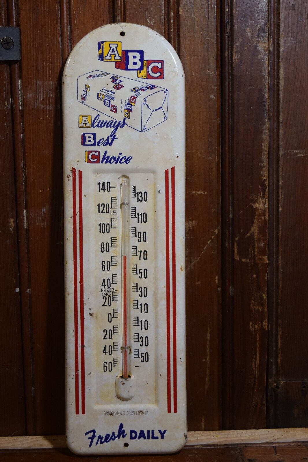 1950s ABC BREAD DEALER STAMPED PAINTED METAL TOMBSTONE THERMOMETER SIGN 13\