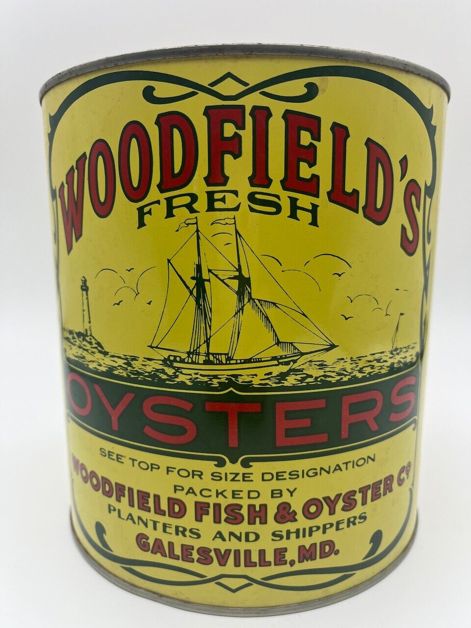Vintage 1 Gallon Woodfield’s Oysters Tin Can Galesville, Maryland