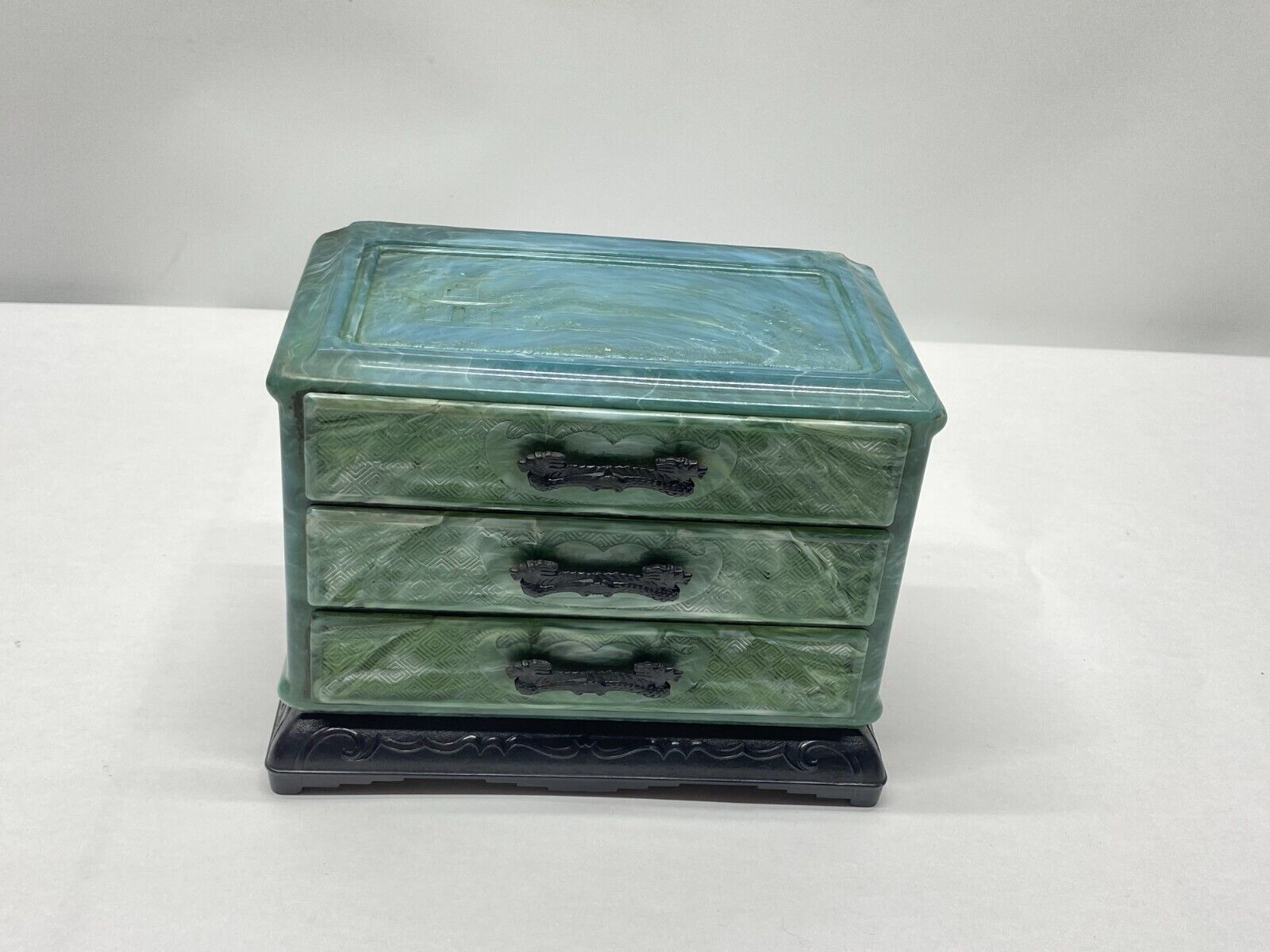 Vintage Asian Faux Jade Plastic Celluloid 3 Drawer Jewelry Box Lucite Bakelite
