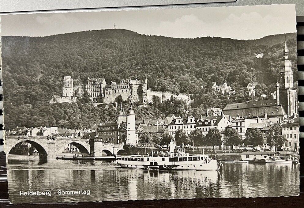Postcard RPPC B&W River View Old Bridge & Heidelberg Castle Germany VTG c1961 I1