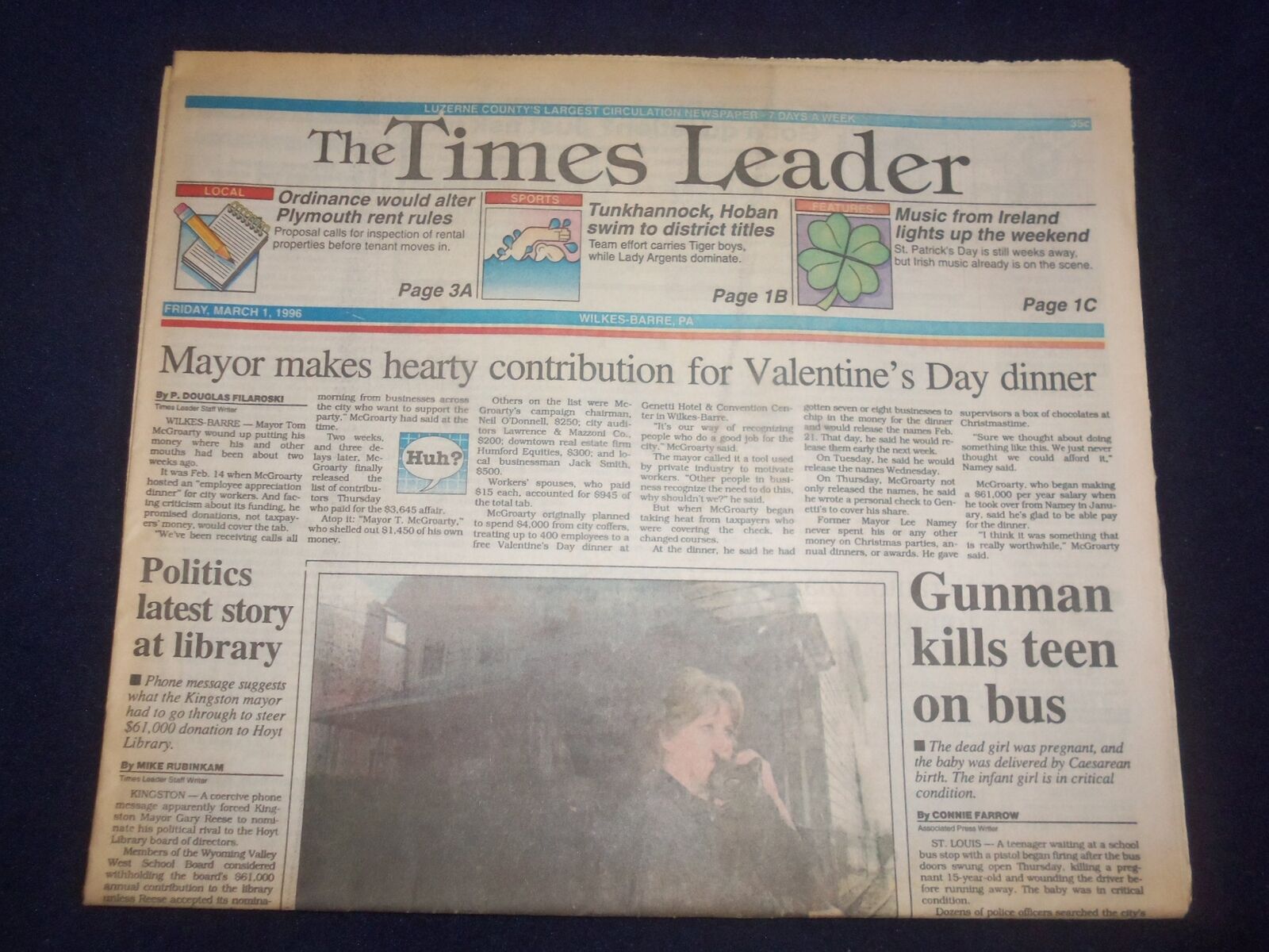 1996 MARCH 1 WILKES-BARRE TIMES LEADER - GUNMAN KILLS TEEN ON BUS - NP 8149