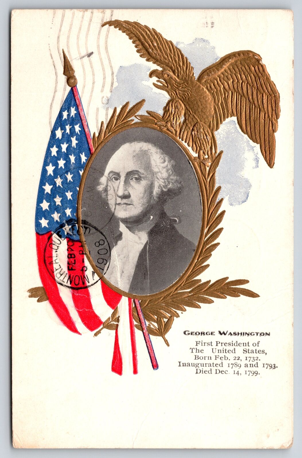 President & Patriotic~Inset Washington~Gold Eagle~Flag~PM 1908 Embossed Postcard