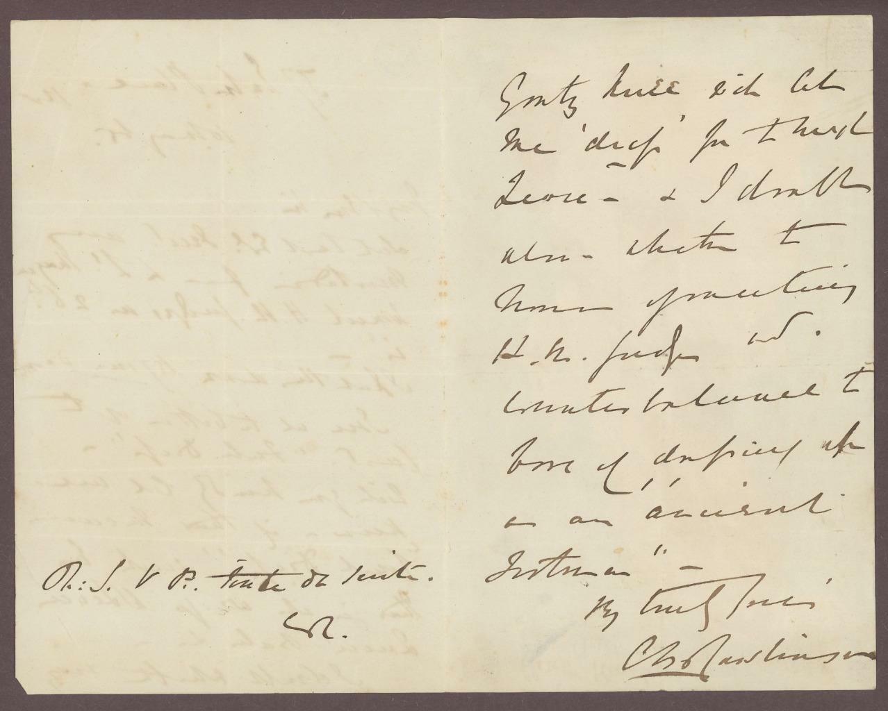 Judge CHRISTOPHER RAWLINSON (1806-1888) signed handwritten letter Madras