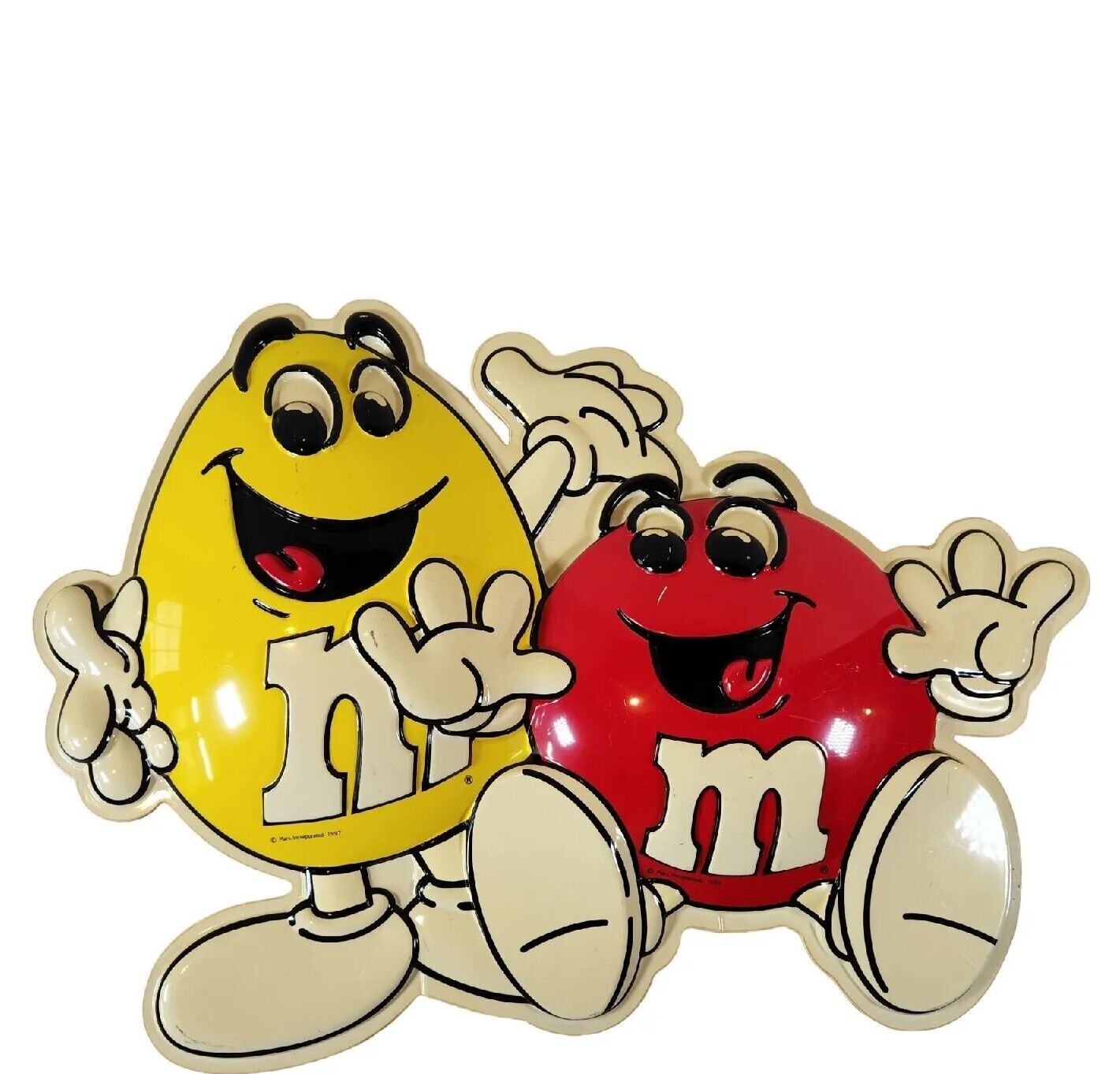 Vintage 1997 M&Ms Mars Incorporated Yellow Red Plastic 2 Sided Advertising Sign