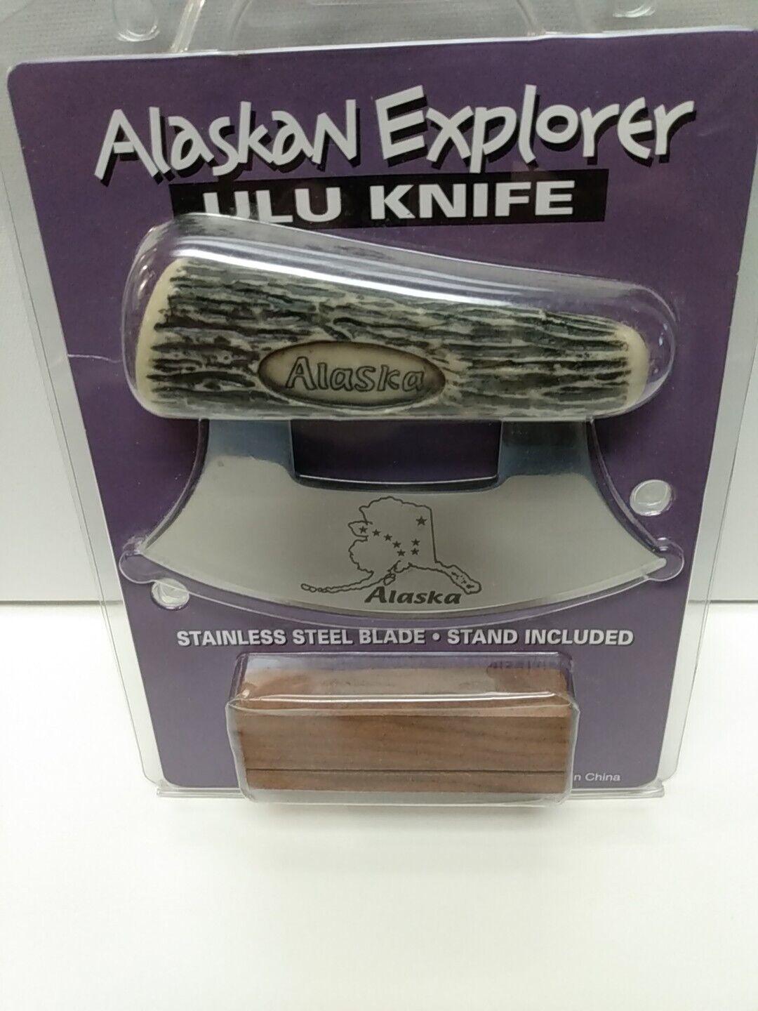 NEW Alaskan Explorer Stainless Steel Blade ULU Knife with Wood Display Stand NIB