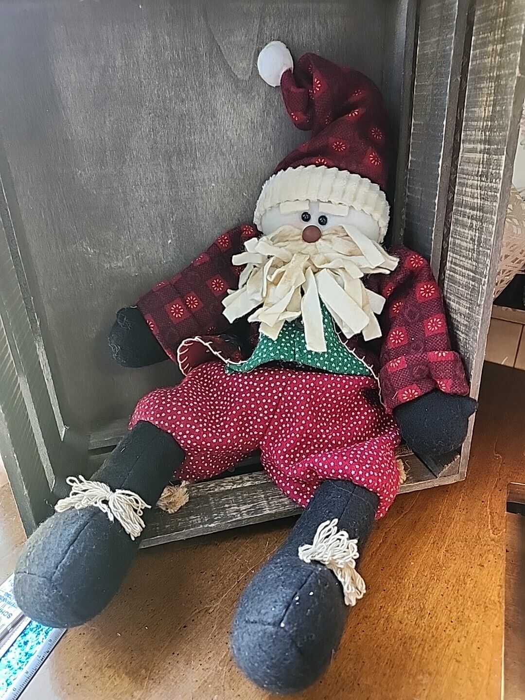 Vintage Primative Country Farmhouse Rustic Shabby Snowman Dressed As Santa