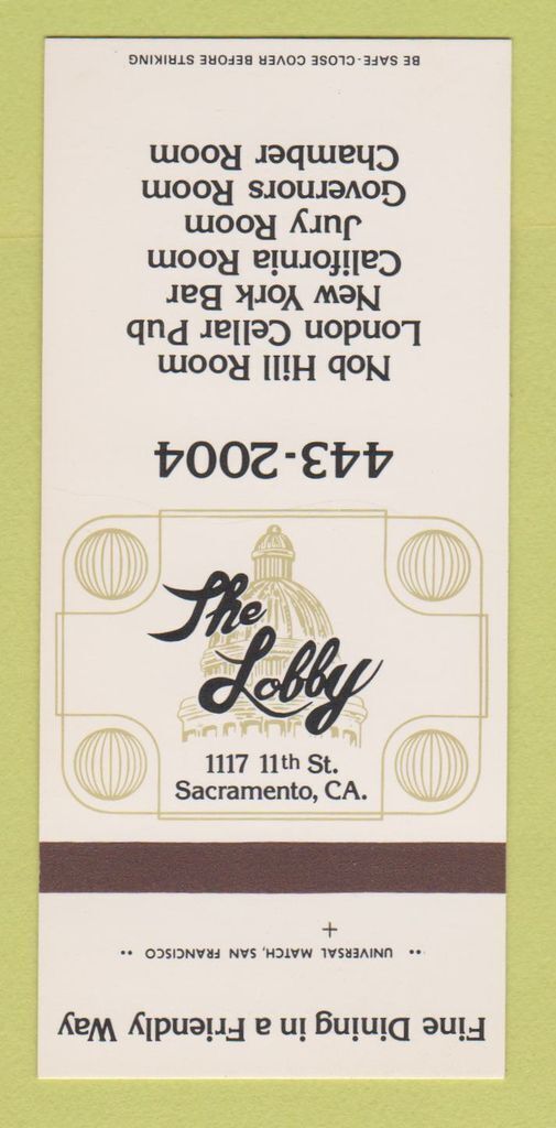 Matchbook Cover - The Lobby Restaurant Sacramento CA 30 Strk SAMPLE