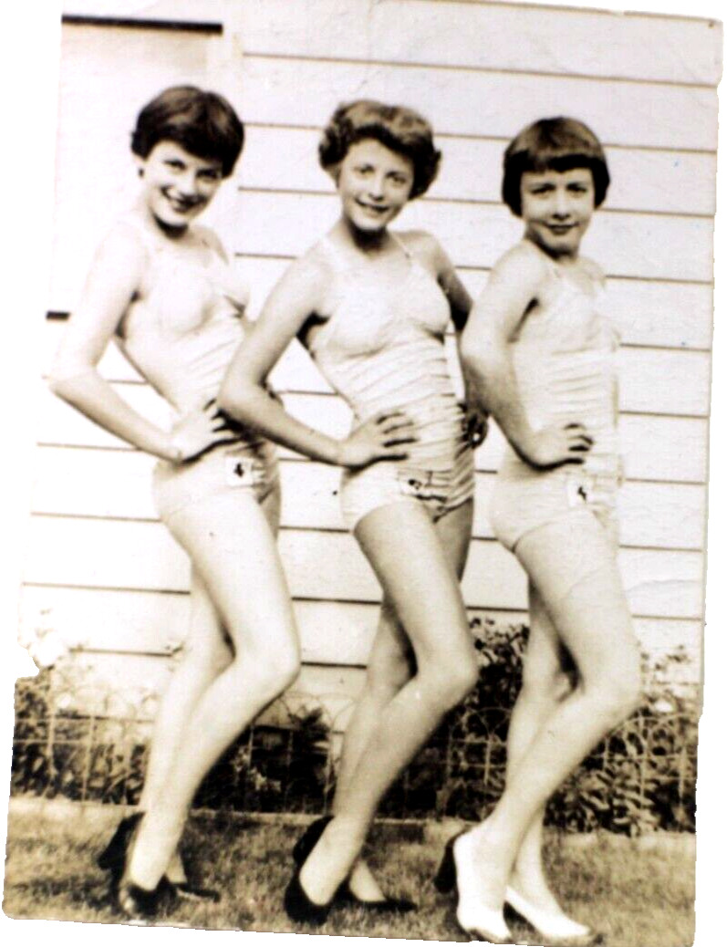 Cute Three Young girls Modeling new Bathing Suit B&W Photograph circa 1930