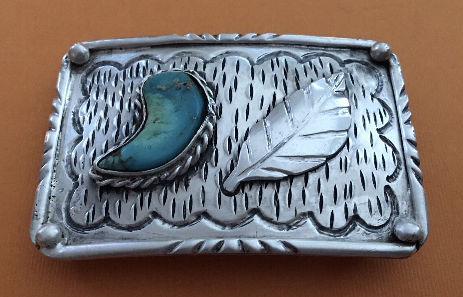 Old Vintage Sterling Silver Unbranded Native American Gem & Feather Belt Buckle