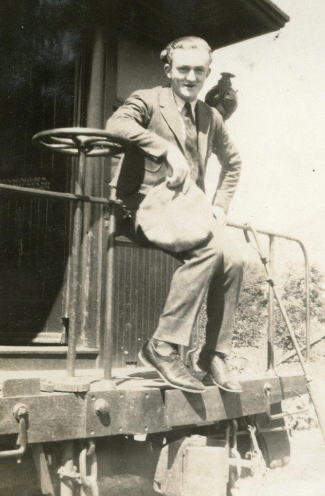 K637 Vtg Photo YOUNG MAN BACK train car caboose GOLDEN, COLORADO, c 1923