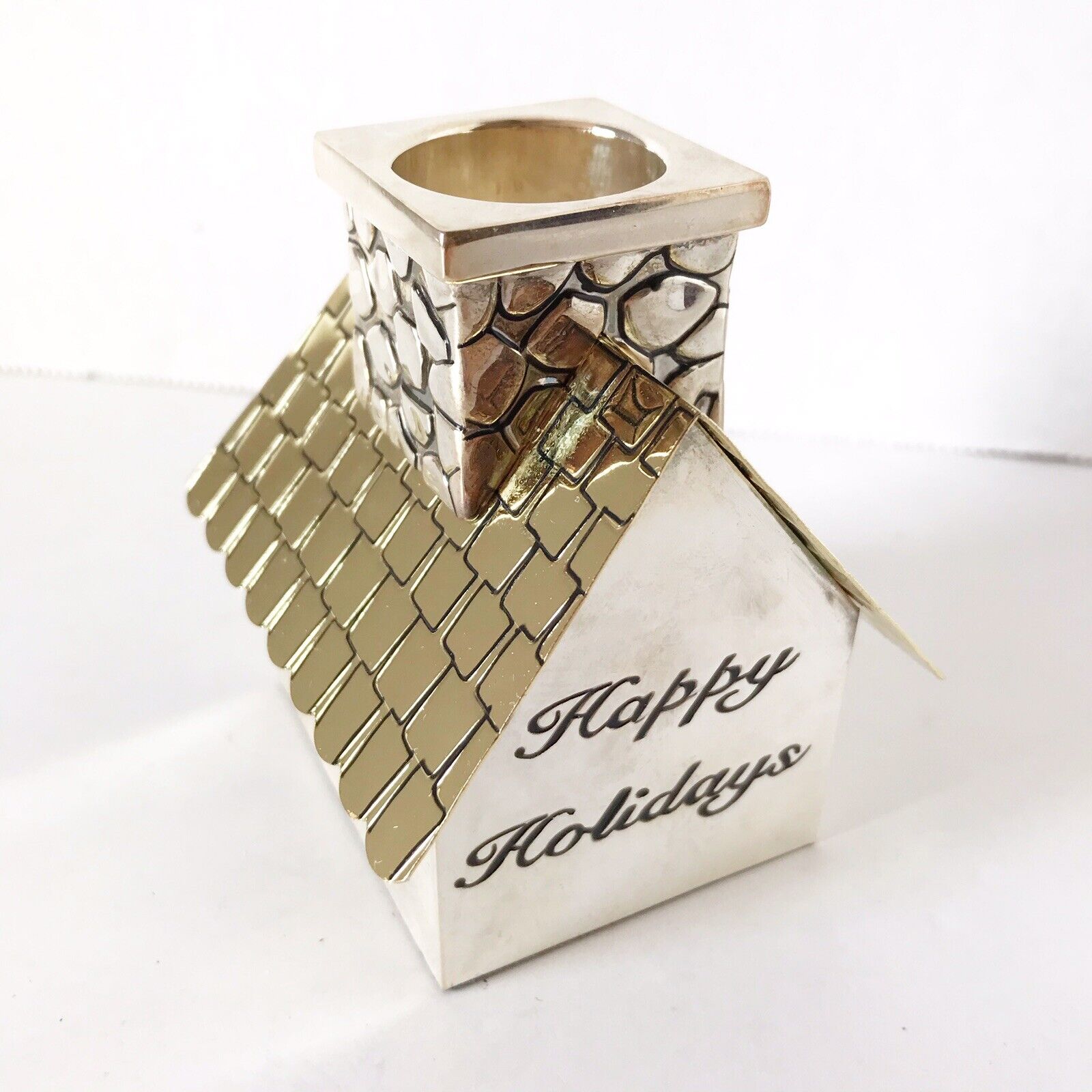 Godinger Silver Plated Candle Stick Holder Happy Holidays House Xmas Chimney