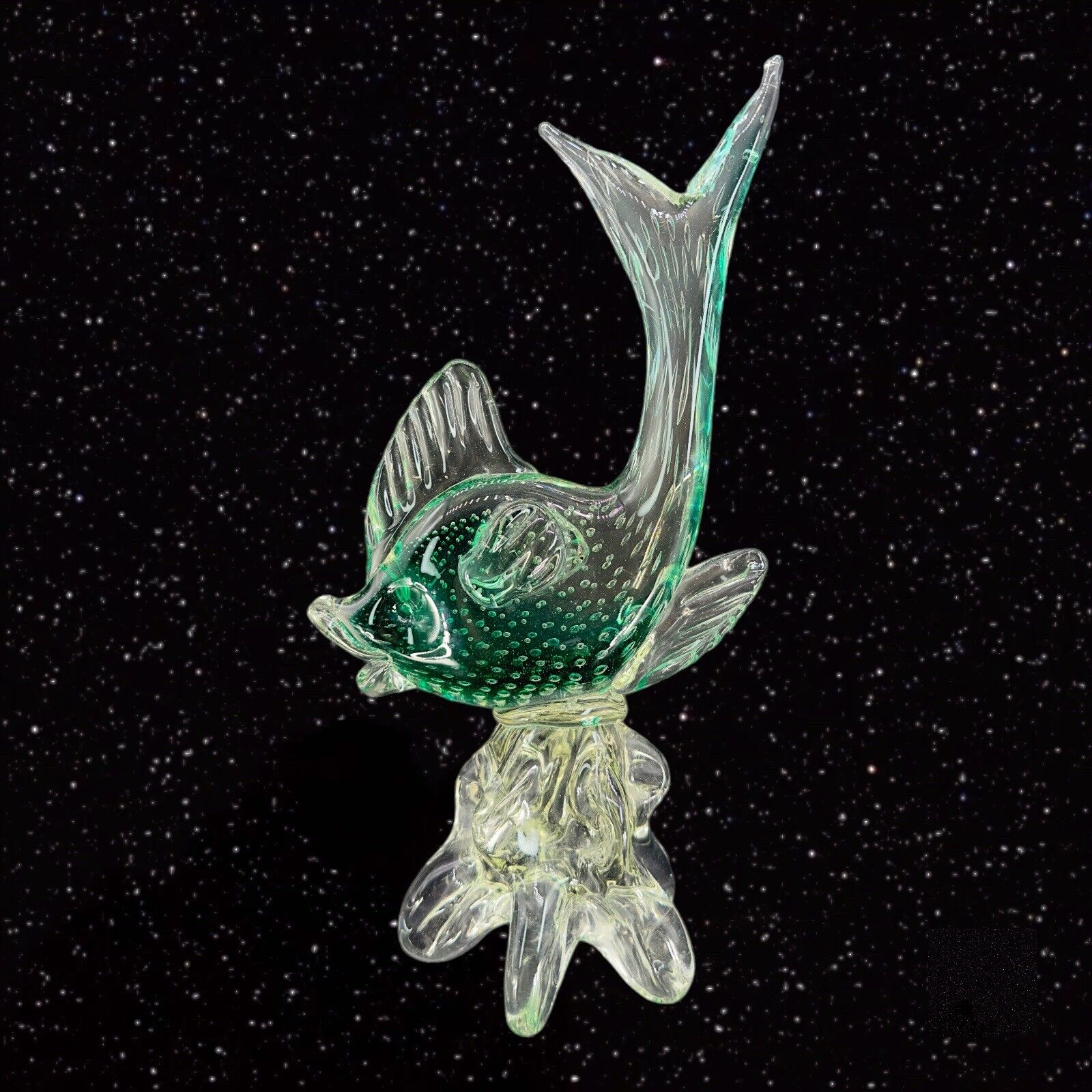 Large Venetian Art Glass Fish Heavy Figurine Green Clear With Bullicante Bubbles