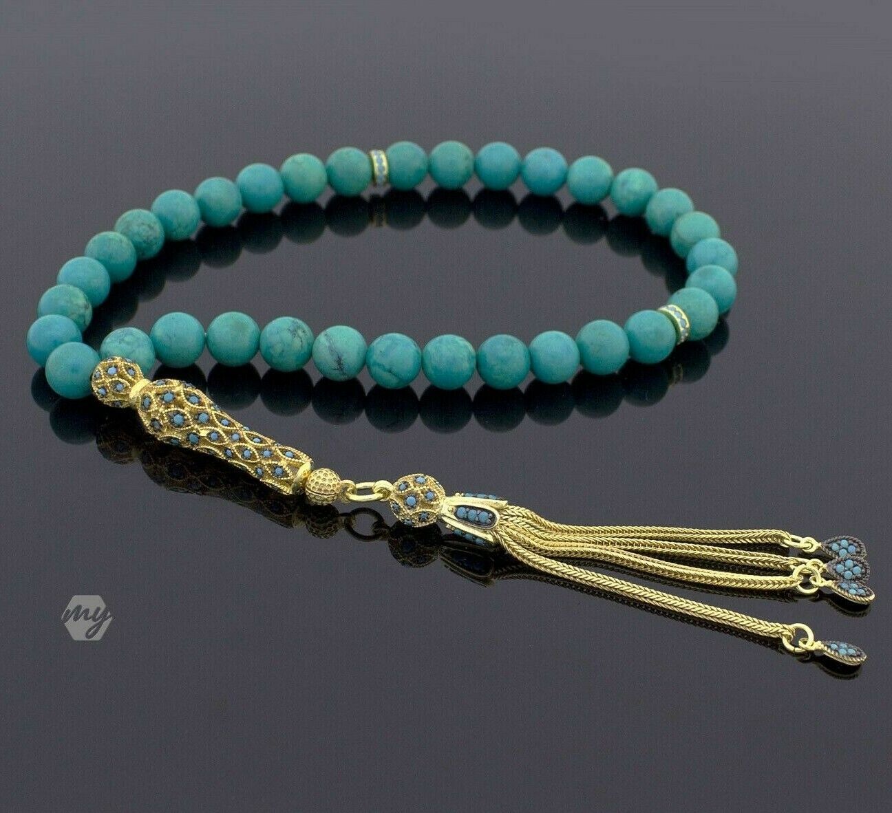 Gold Plated Silver Tassel Turquoise Stones Islamic 33 Prayer Beads Tasbeeh