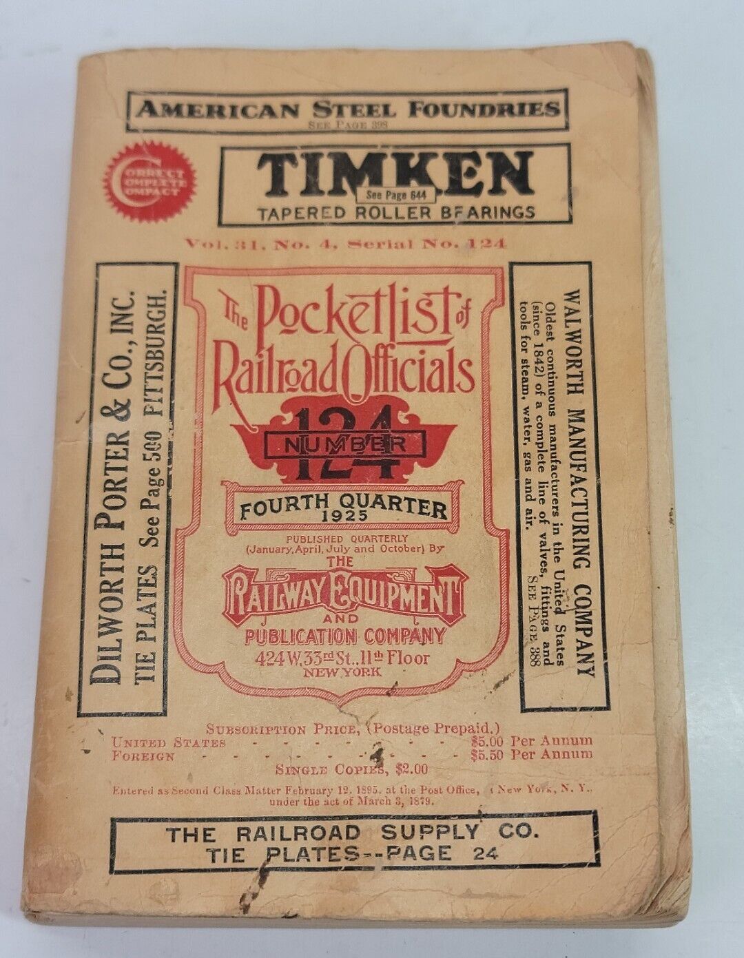 Vintage The Pocket List of Railroad Officials No 124 4th Quarter 1925 Book Rare