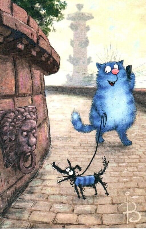 Adventures of blue cats CAT walk with the DOG Zenyuk Russian NEW postcard