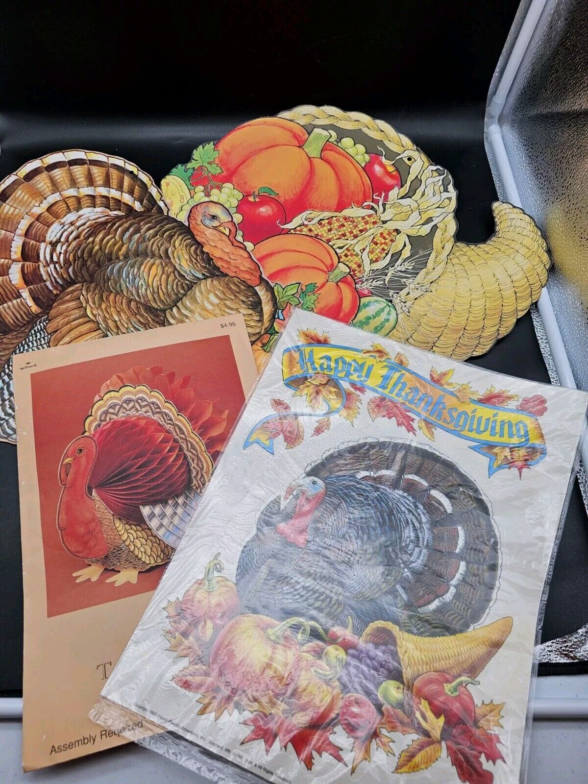 Vintage Thanksgiving Lot :4 Decorations Turkey & Cornucopia Die-Cuts,Honeycomb 