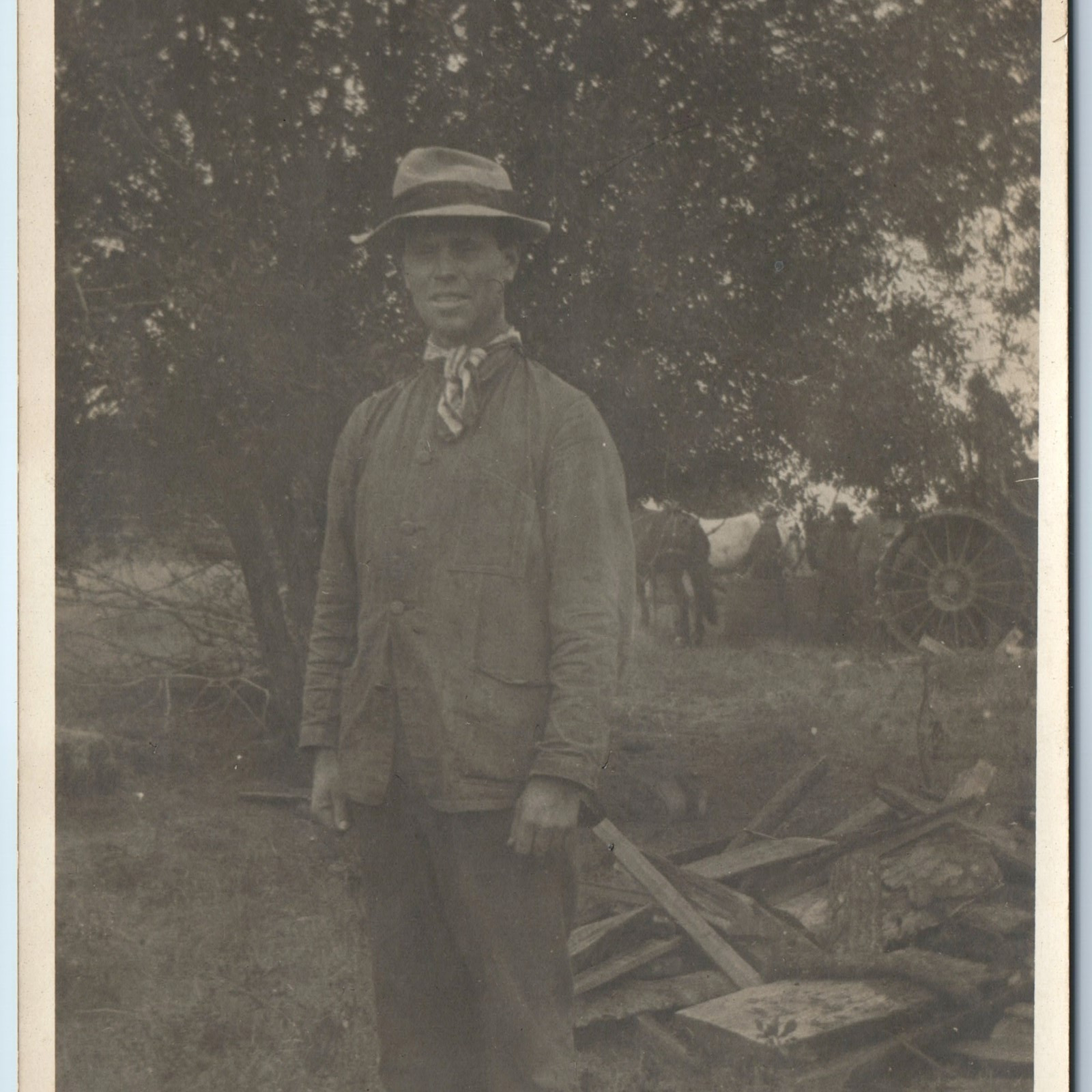 c1910s Outdoors Man w/ Bucket Hat RPPC +Old Steam Tractor on Farm PMO Horse A212
